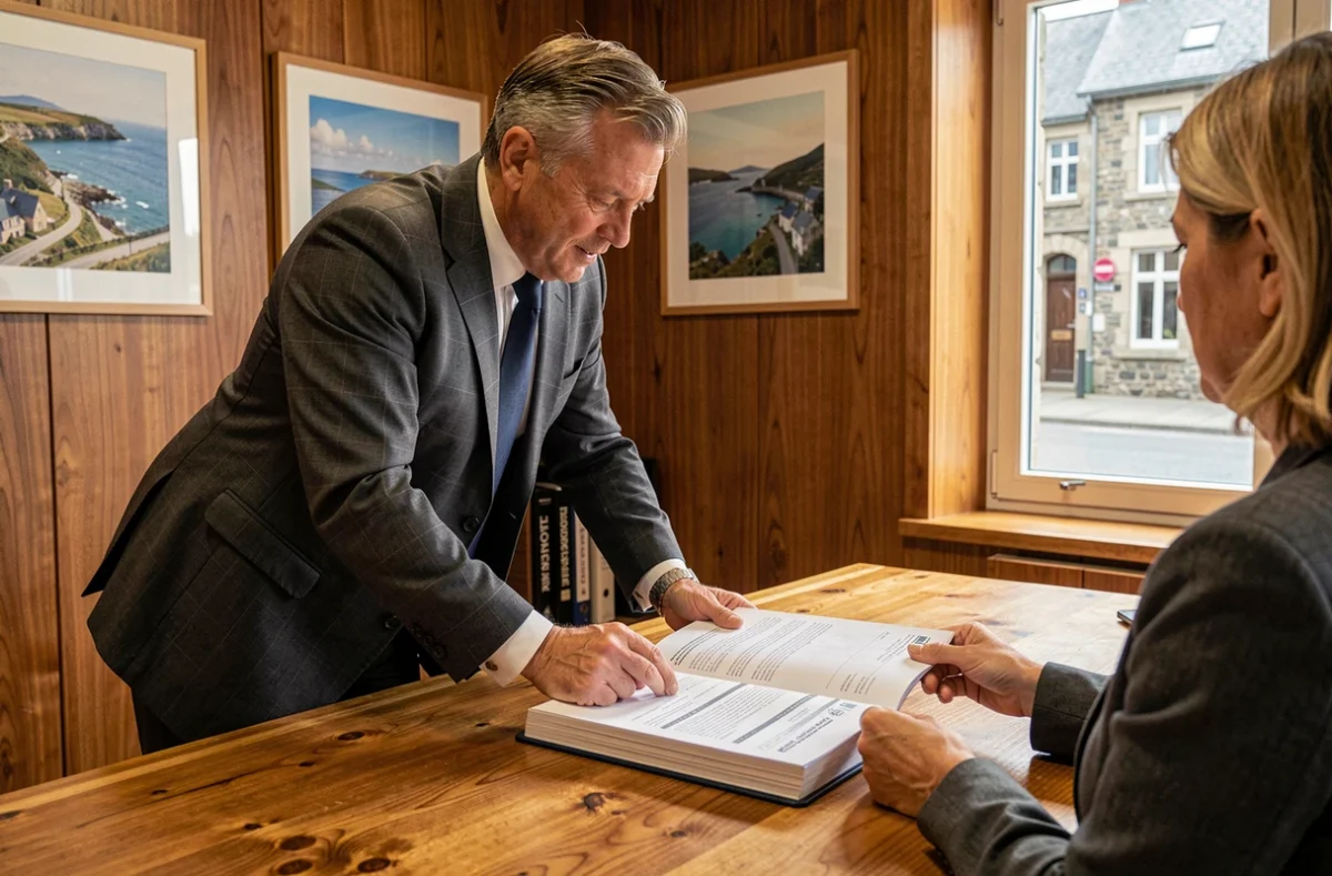 Spécialiste d'ACE Crédit Finistère examinant un dossier de financement immobilier avec une cliente dans un bureau chaleureux
