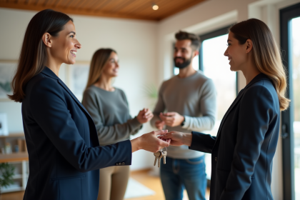 Agent immobilier femme remet des clés à un couple heureux