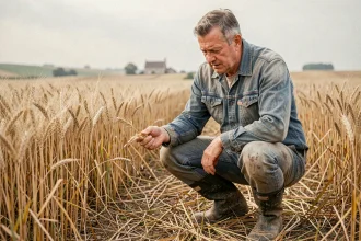 Agriculteur examinant des grains de blé dans un champ lors de la récolte, illustration du prix du quintal de blé fermage