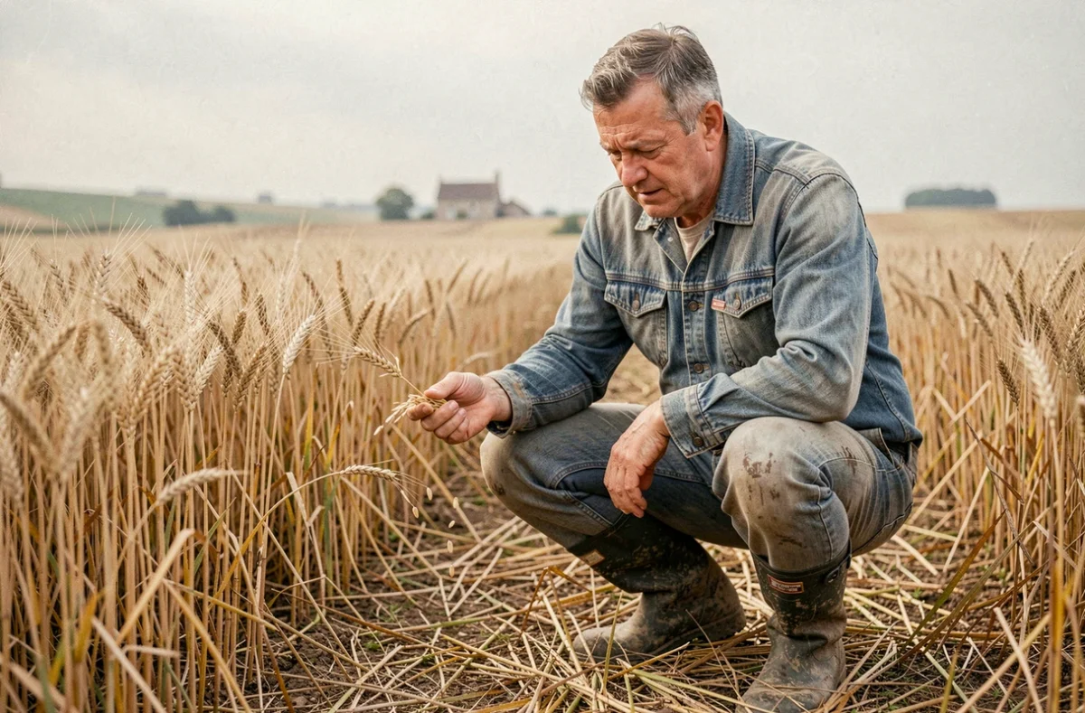 Agriculteur examinant des grains de blé dans un champ lors de la récolte, illustration du prix du quintal de blé fermage