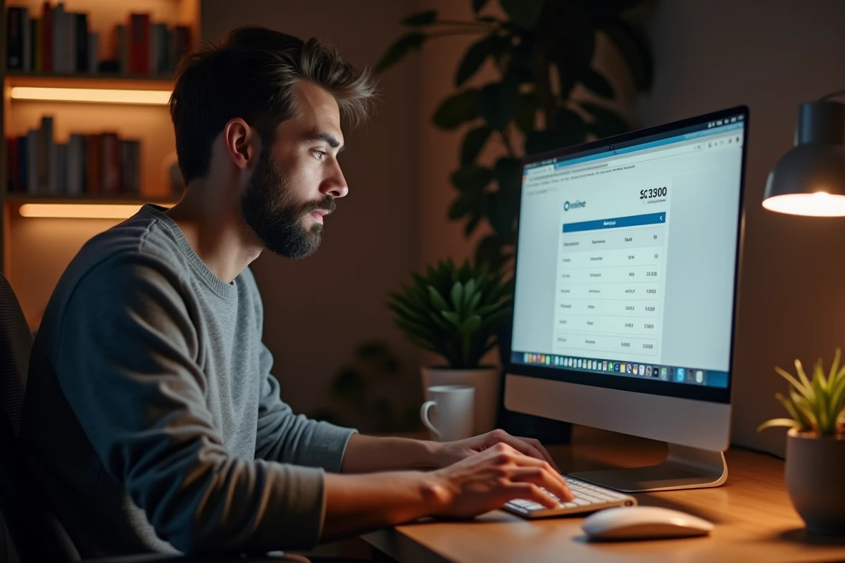 Homme ajoutant un nouveau bénéficiaire bancaire sur le site Logitelnet SG depuis son bureau à domicile