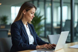 Femme professionnelle ajoutant un bénéficiaire de virement sur Logitelnet SG depuis un ordinateur portable au bureau