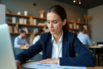 Une investisseuse analyse des documents financiers d'une startup sur son bureau dans un espace de coworking moderne