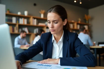Une investisseuse analyse des documents financiers d'une startup sur son bureau dans un espace de coworking moderne