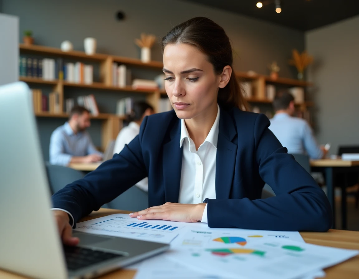 Une investisseuse analyse des documents financiers d'une startup sur son bureau dans un espace de coworking moderne
