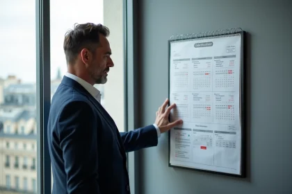 Analyste financier consultant un calendrier boursier 2026 dans un bureau parisien moderne avec vue sur la ville