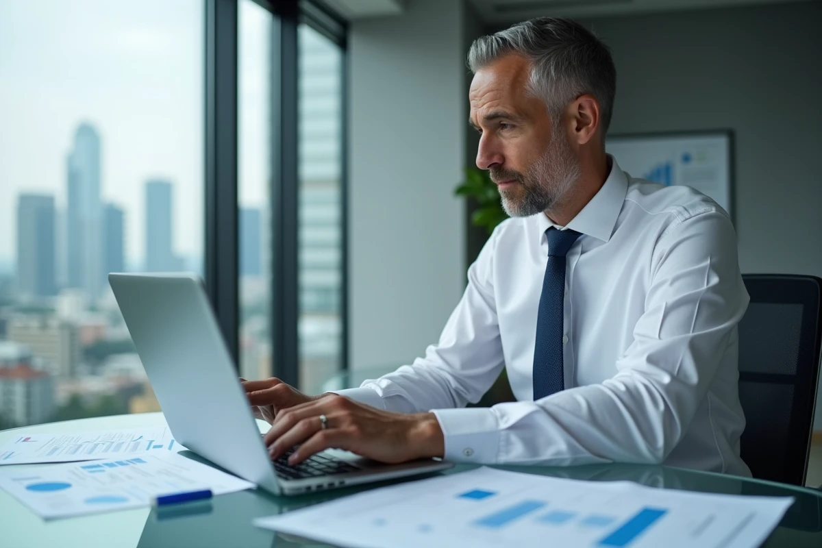 Analyste financier examinant des graphiques boursiers sur un bureau en verre dans un bureau d'entreprise moderne, illustrant l'analyse des prévisions de l'action Airbus