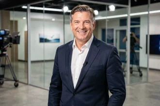 Animateur de télévision français souriant dans un studio moderne, illustrant la fortune et le succès des présentateurs vedettes comme Jean-Luc Reichmann, Nagui et Cyril Hanouna