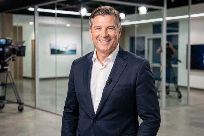 Animateur de télévision français souriant dans un studio moderne, illustrant la fortune et le succès des présentateurs vedettes comme Jean-Luc Reichmann, Nagui et Cyril Hanouna