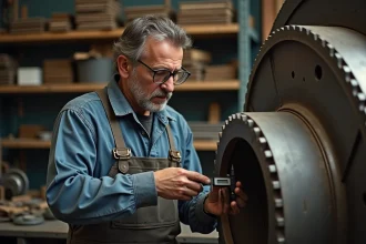 Artisan en atelier examinant une pièce de brassage avec un pied à coulisse