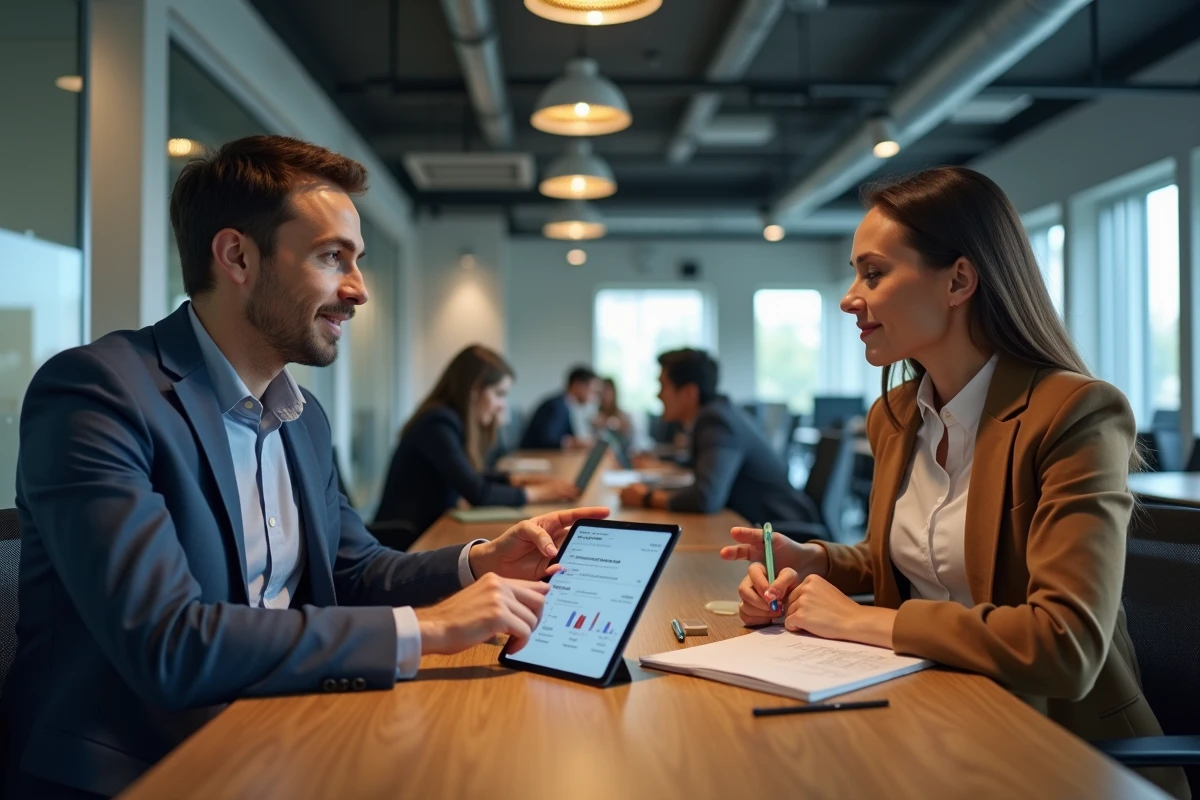 Deux associés discutant d'un virement instantané professionnel sur une tablette dans un espace de coworking