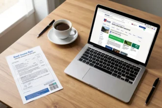 Avis d'impôts et ordinateur portable posés sur un bureau