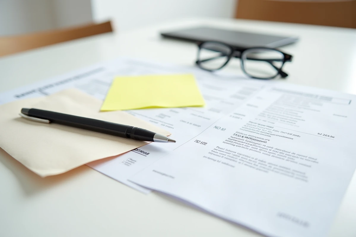 Avis de taxe foncière et documents fiscaux posés sur un bureau avec lunettes et stylo