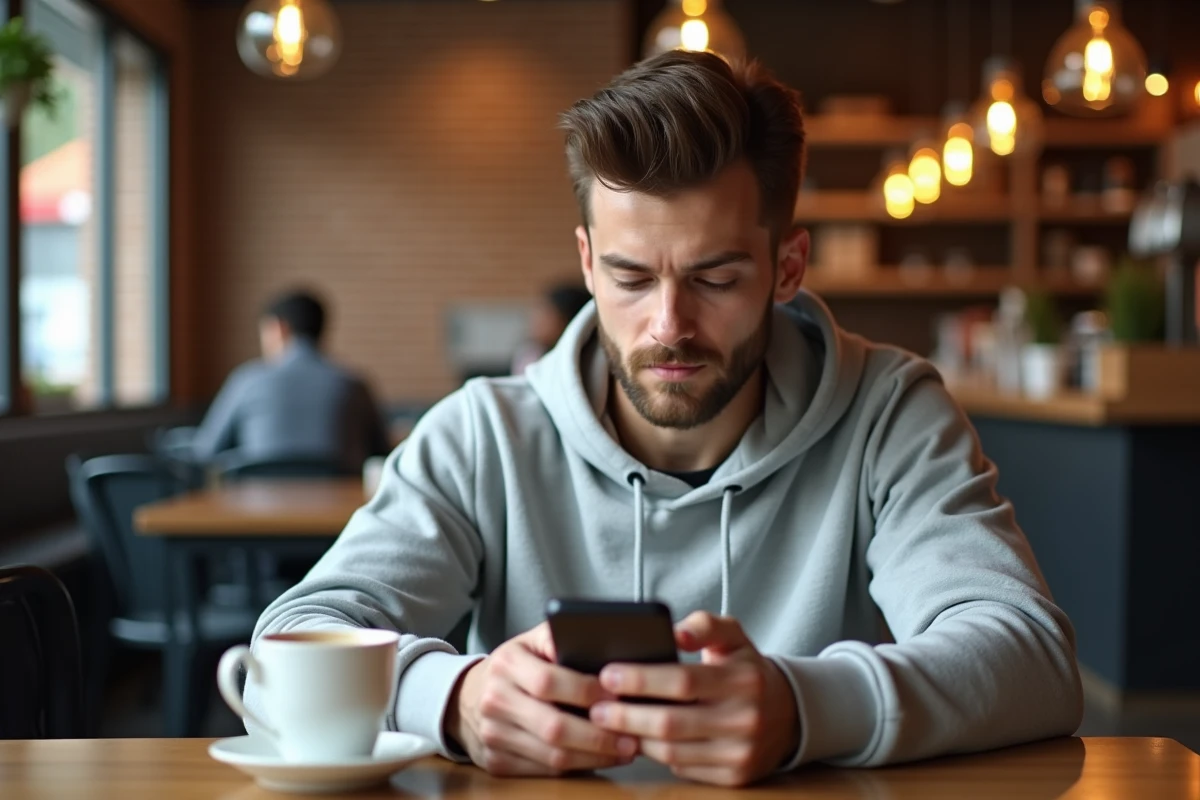 Jeune adulte configurant un bénéficiaire de virement sur l'application mobile Logitelnet SG dans un café