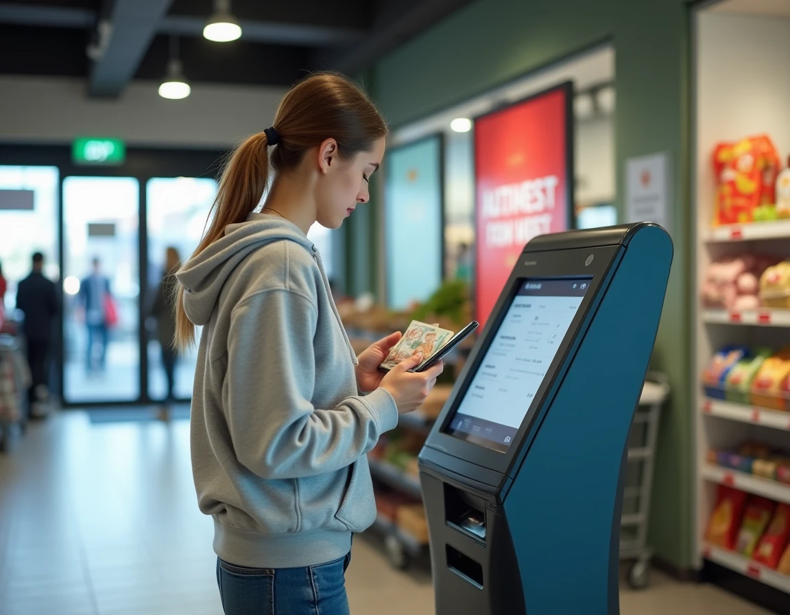 Jeune femme utilisant une borne de dépôt d'espèces en supermarché pour recharger son compte Nickel