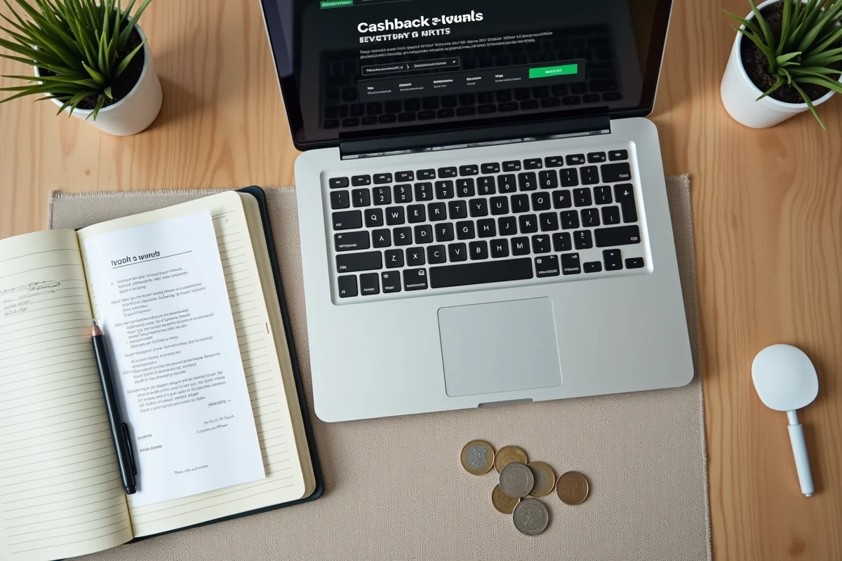 Vue aérienne d'un bureau avec un ordinateur affichant un site de cashback Egraal, des notes manuscrites et des pièces d'euro