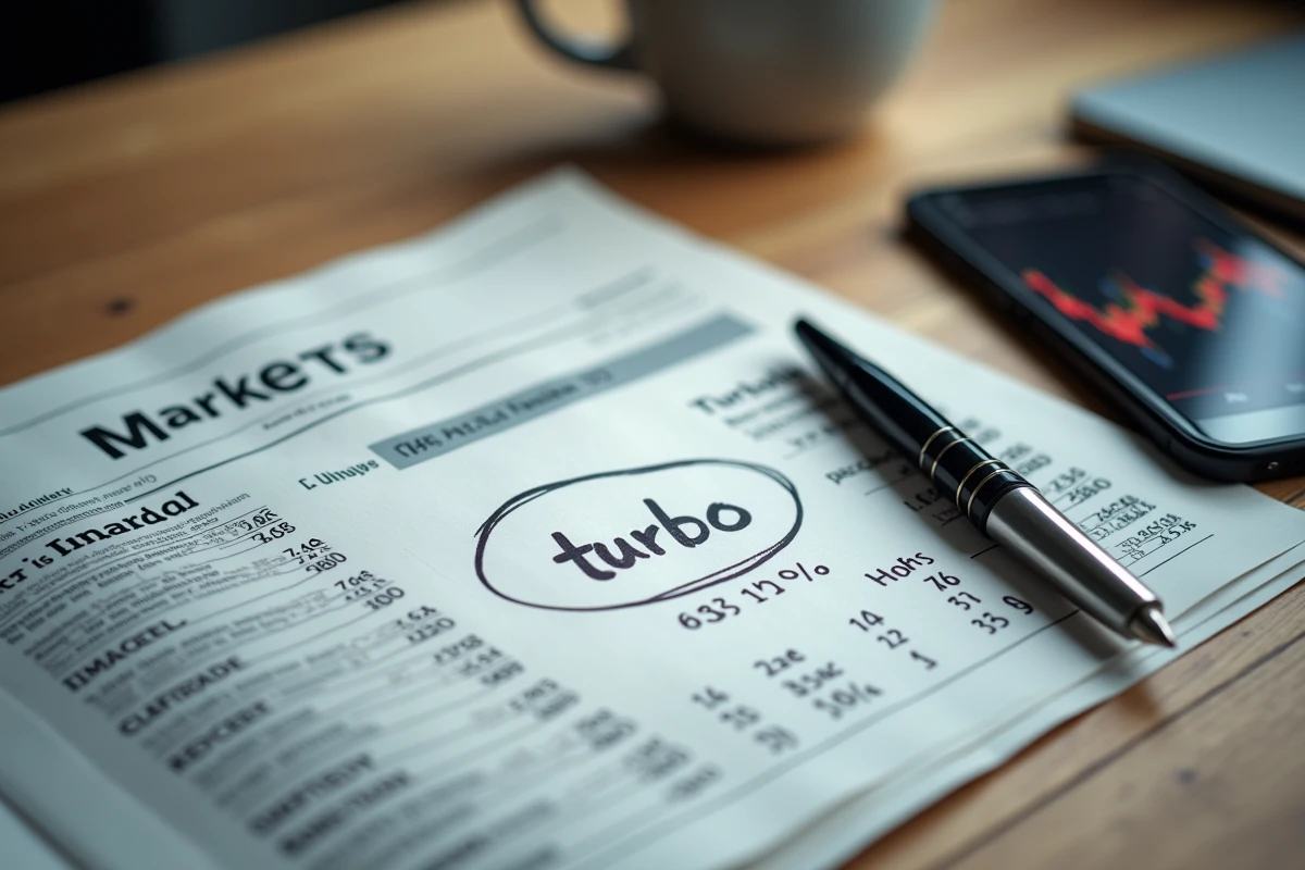 Bureau d'investisseur avec journal financier annoté, calculs de portefeuille et graphique boursier sur smartphone