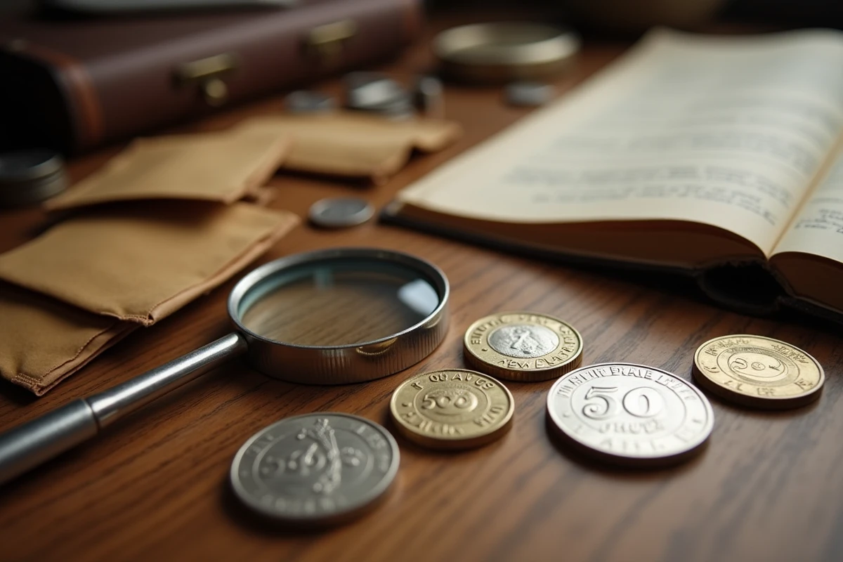 Bureau de numismate avec pièce 50 Francs argent 1977, loupe et catalogue de cotation