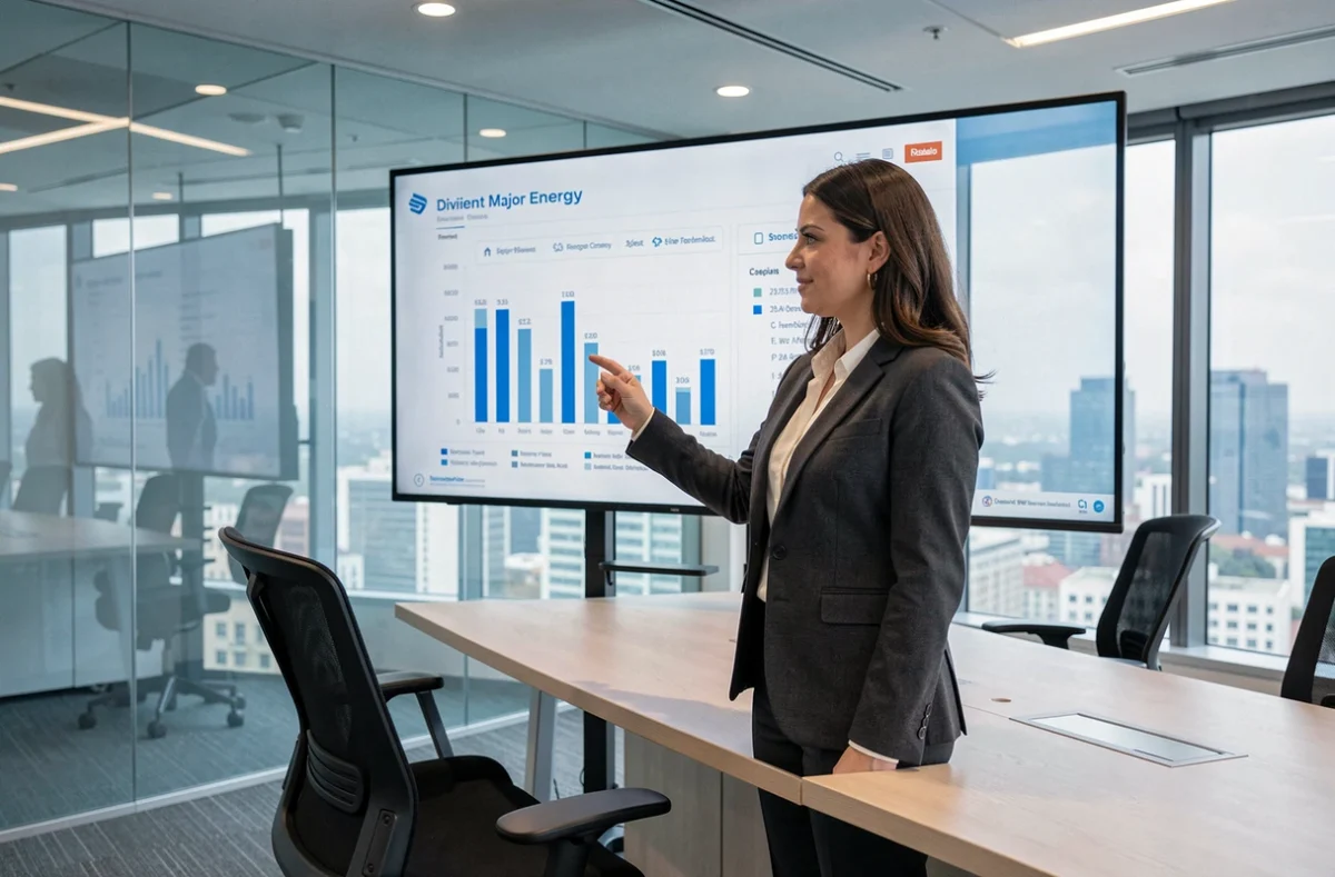 Femme cadre présentant l'historique des dividendes Total sur écran interactif en salle de réunion d'entreprise