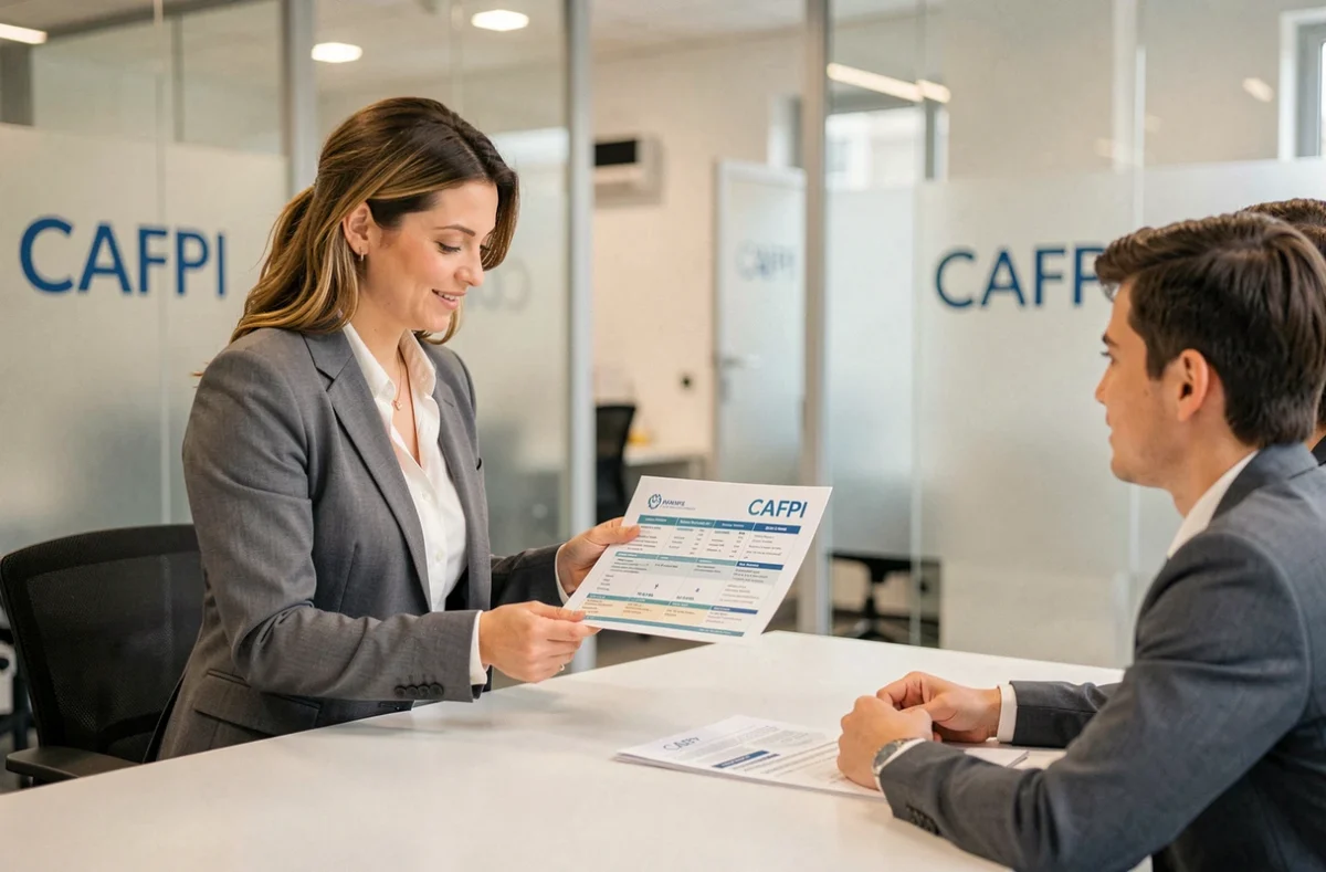 Courtière CAFPI Le Mans Bollée présentant une comparaison de prêts immobiliers à un jeune couple