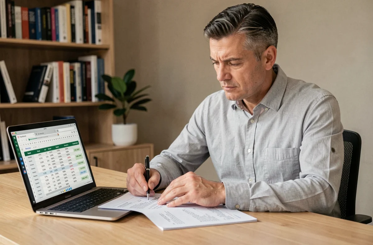 Homme calculant le rendement net d'une SCPI sur des documents financiers à son bureau