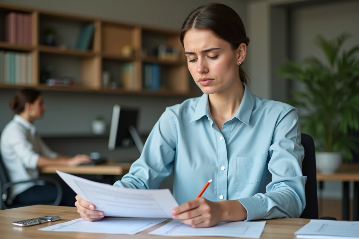 Femme analysant des fiches de paie et des calculs de salaire brut net à son bureau en open space