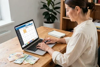 Femme utilisant une calculatrice en ligne pour simuler ses besoins en billets de banque avant un voyage