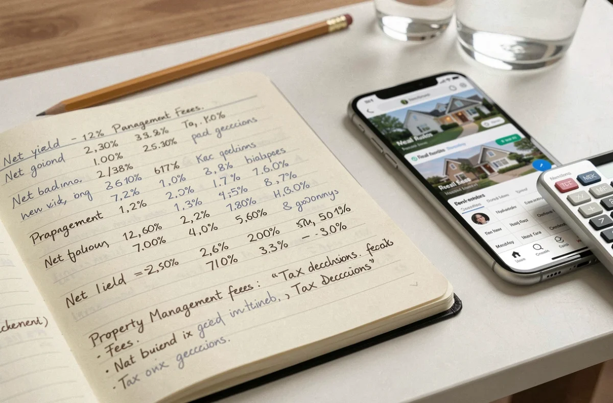Carnet de calculs financiers manuscrits pour déterminer le rendement net d'une SCPI