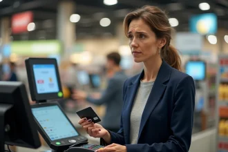 Femme tenant une carte bancaire bloquée par un terminal de paiement en caisse de supermarché