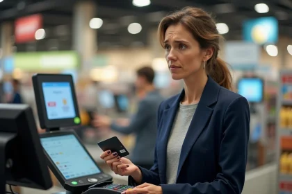 Femme tenant une carte bancaire bloquée par un terminal de paiement en caisse de supermarché