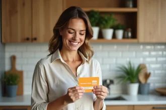 Femme tenant une carte cadeau Leroy Merlin dans une cuisine moderne en bois, comparant ses options de cadeau maison