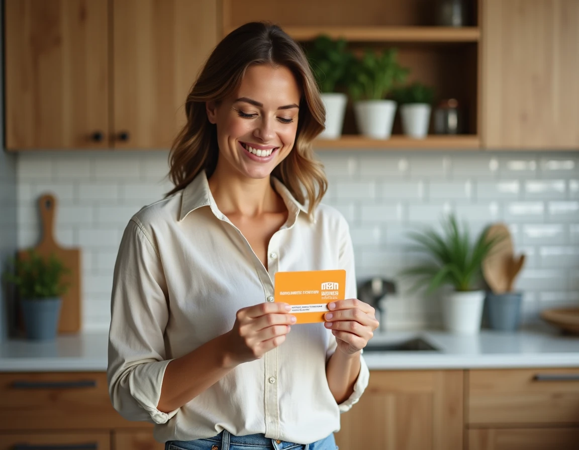 Femme tenant une carte cadeau Leroy Merlin dans une cuisine moderne en bois, comparant ses options de cadeau maison