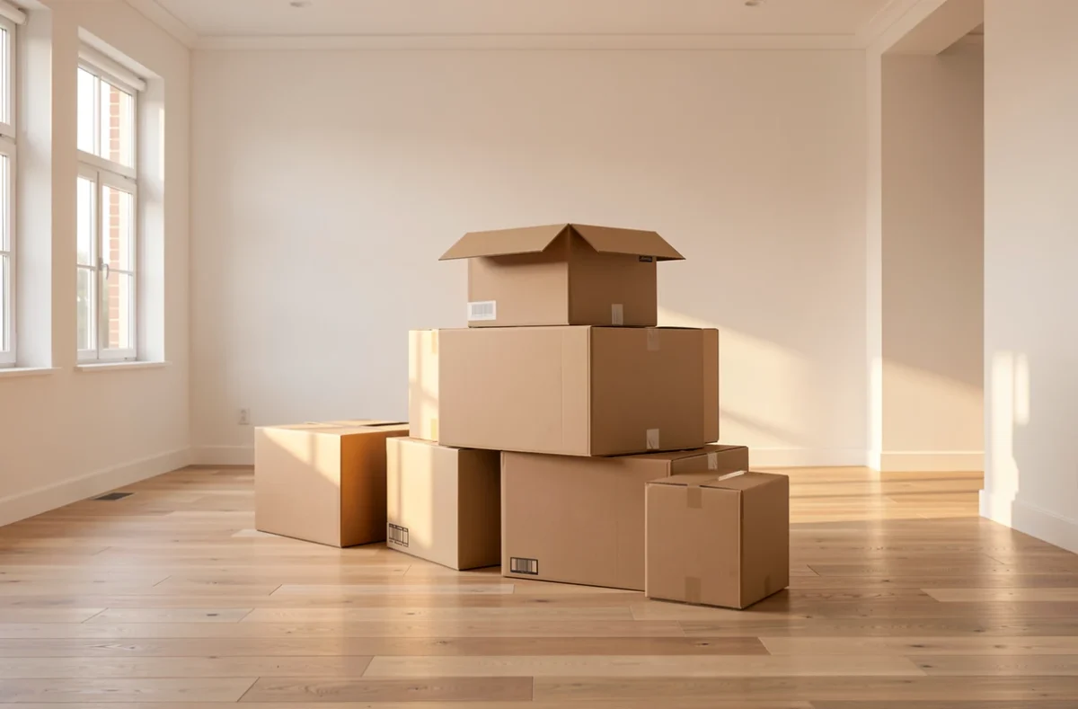 Cartons de déménagement empilés dans un salon vide