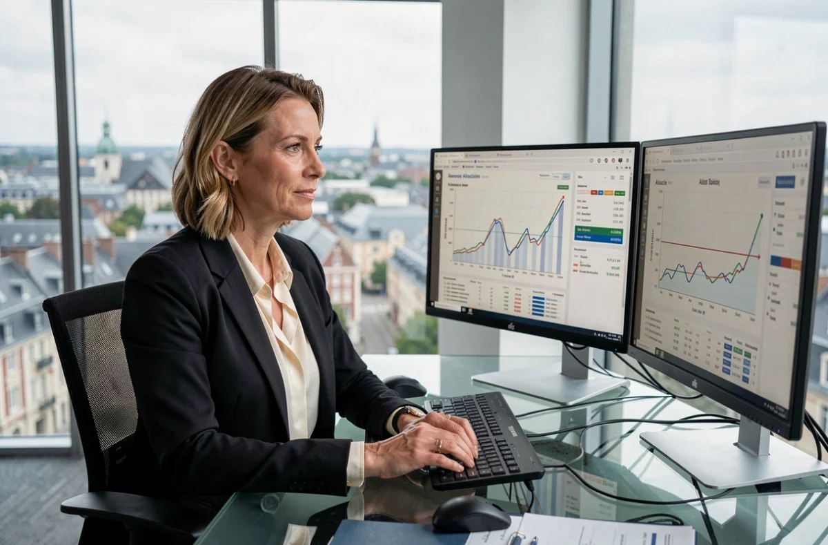 Conseillère de Centaure Investissements analysant des données de rendement locatif sur des écrans dans un bureau moderne