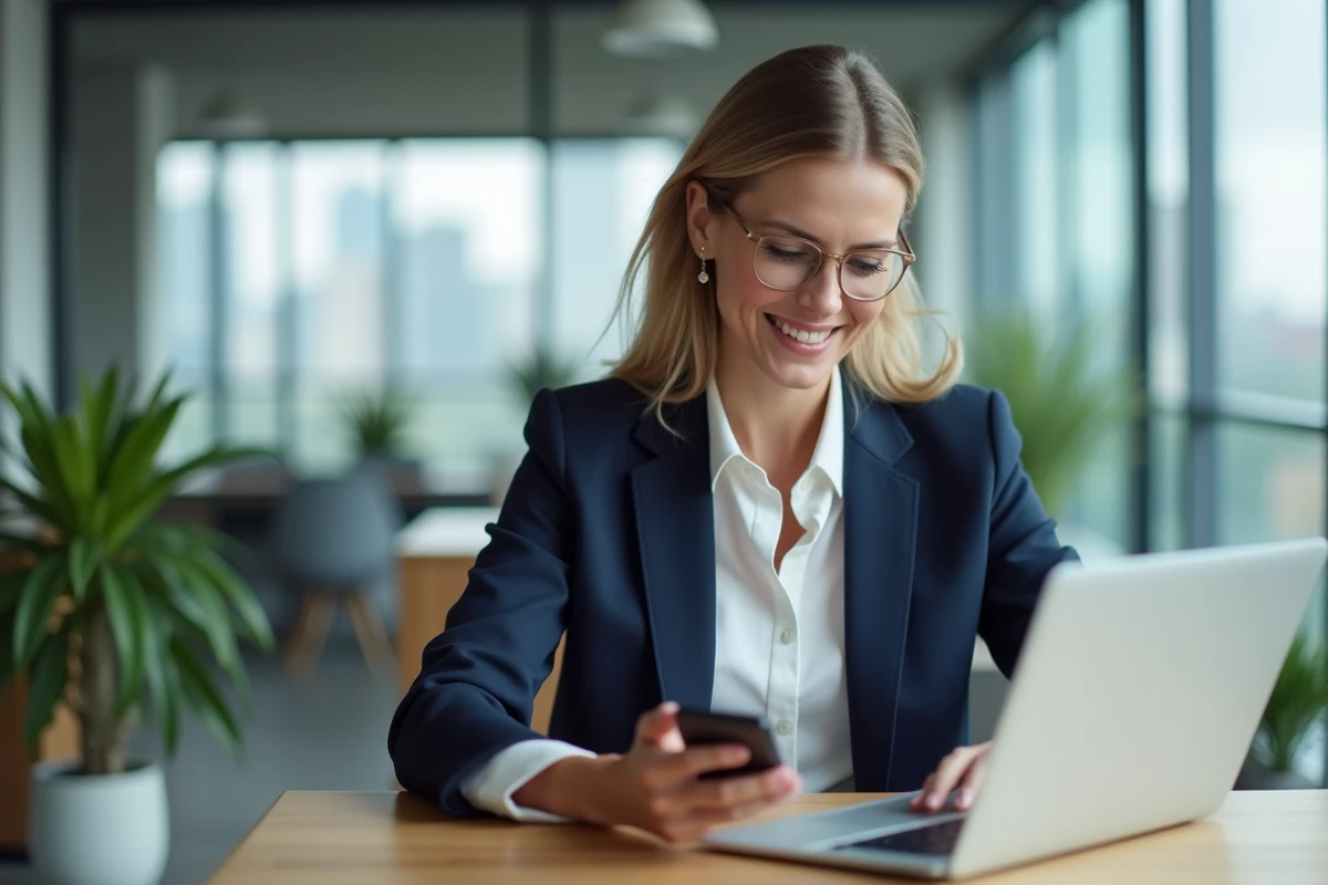 Cheffe d'entreprise consultant une confirmation de virement instantané sur son ordinateur portable dans un bureau moderne
