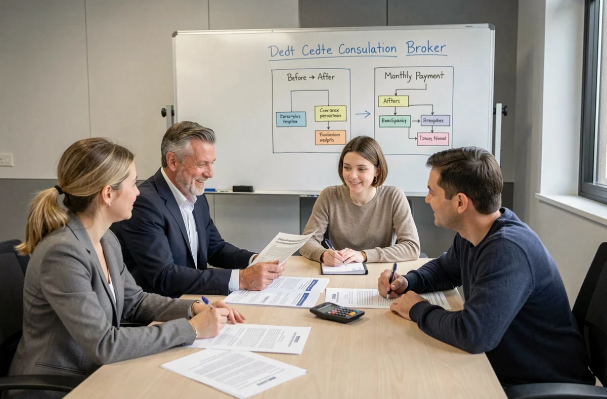 Courtier CIB Finance spécialisé dans le regroupement de crédits dans l'Ain, expliquant à une famille les avantages d'une restructuration de dettes