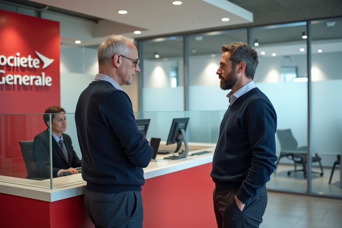 Client masculin en discussion avec un conseiller Société Générale dans une agence bancaire