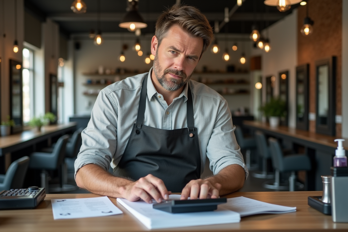 Coiffeur comptabilisant des factures dans son salon