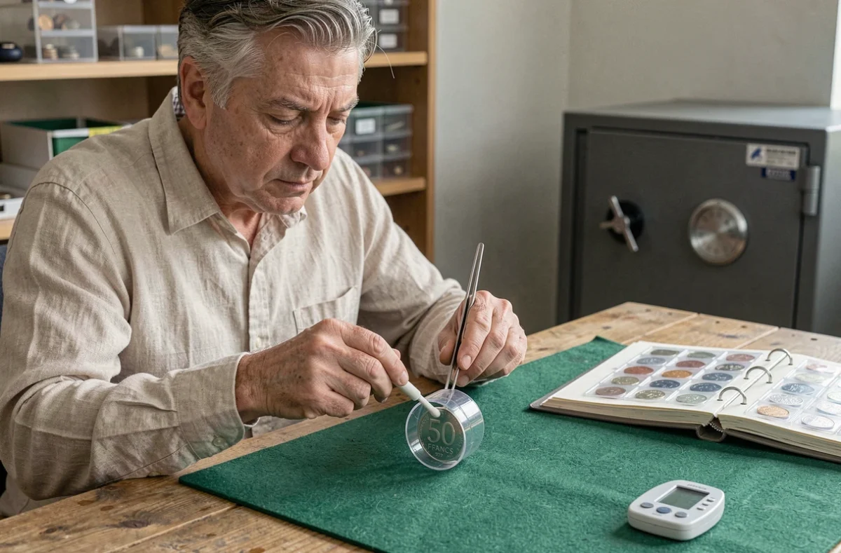 Collectionneur rangeant une pièce de 50 Francs 1977 argent dans une capsule de protection rigide sur un plan de travail numismatique