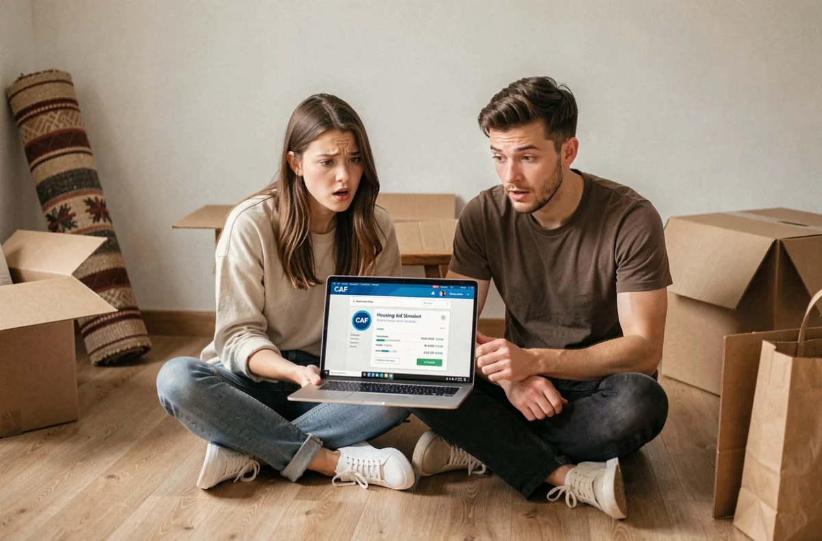 Deux colocataires consultant une simulation CAF pour optimiser la date d'entrée dans leur appartement et maximiser l'APL du premier mois