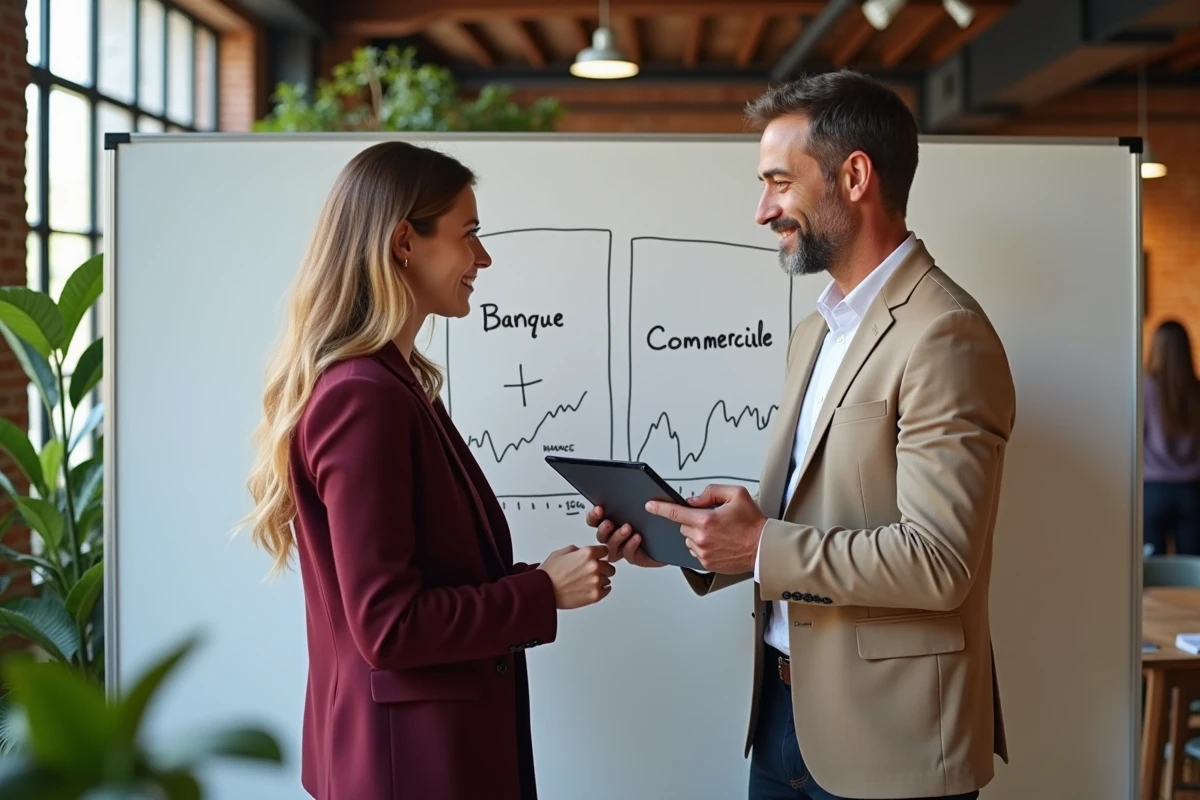 Deux associés de PME comparant les options de financement entre banque traditionnelle et finance commerciale sur un tableau blanc