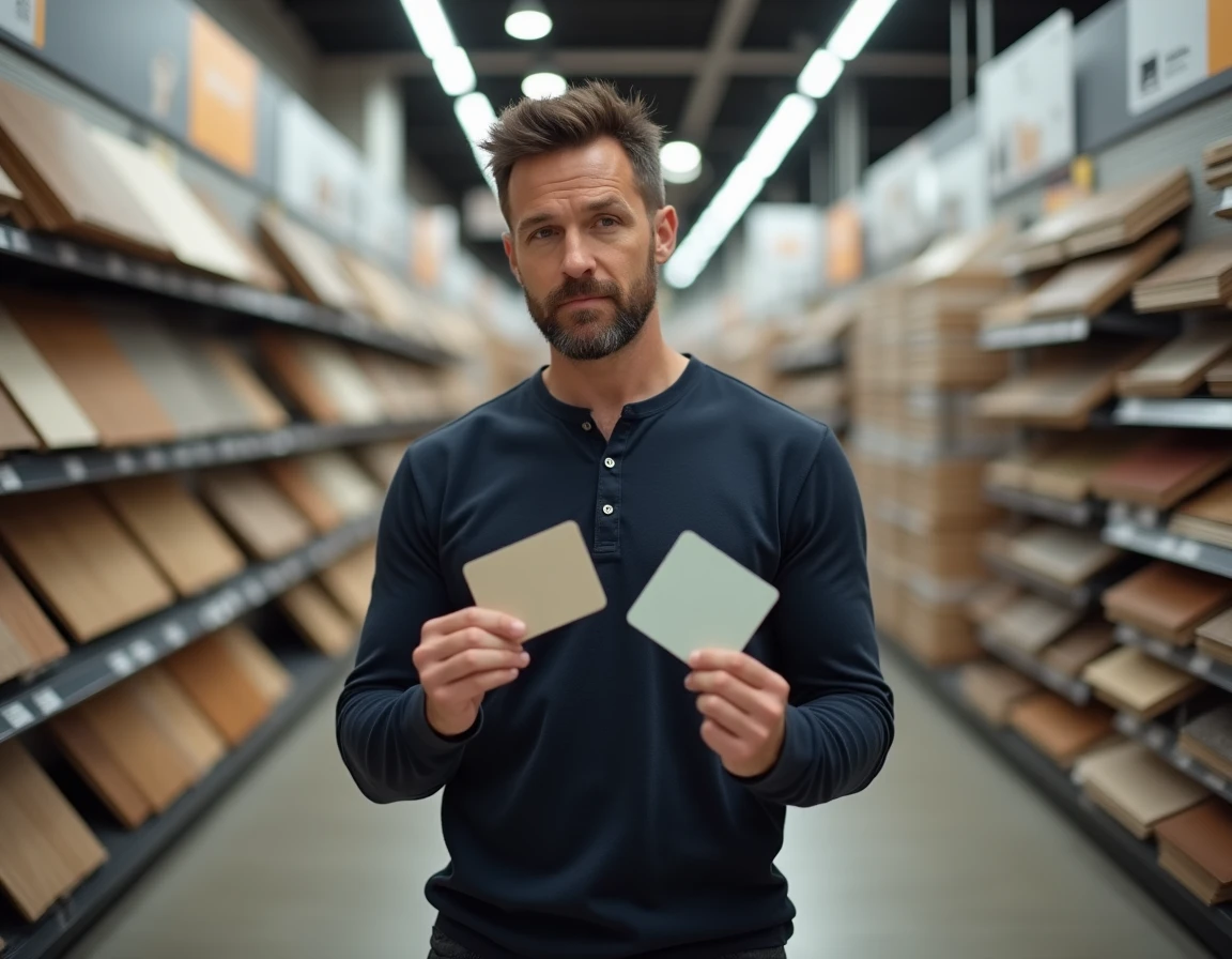 Homme comparant deux cartes cadeaux dans un magasin de bricolage avec rayons de rénovation en arrière-plan