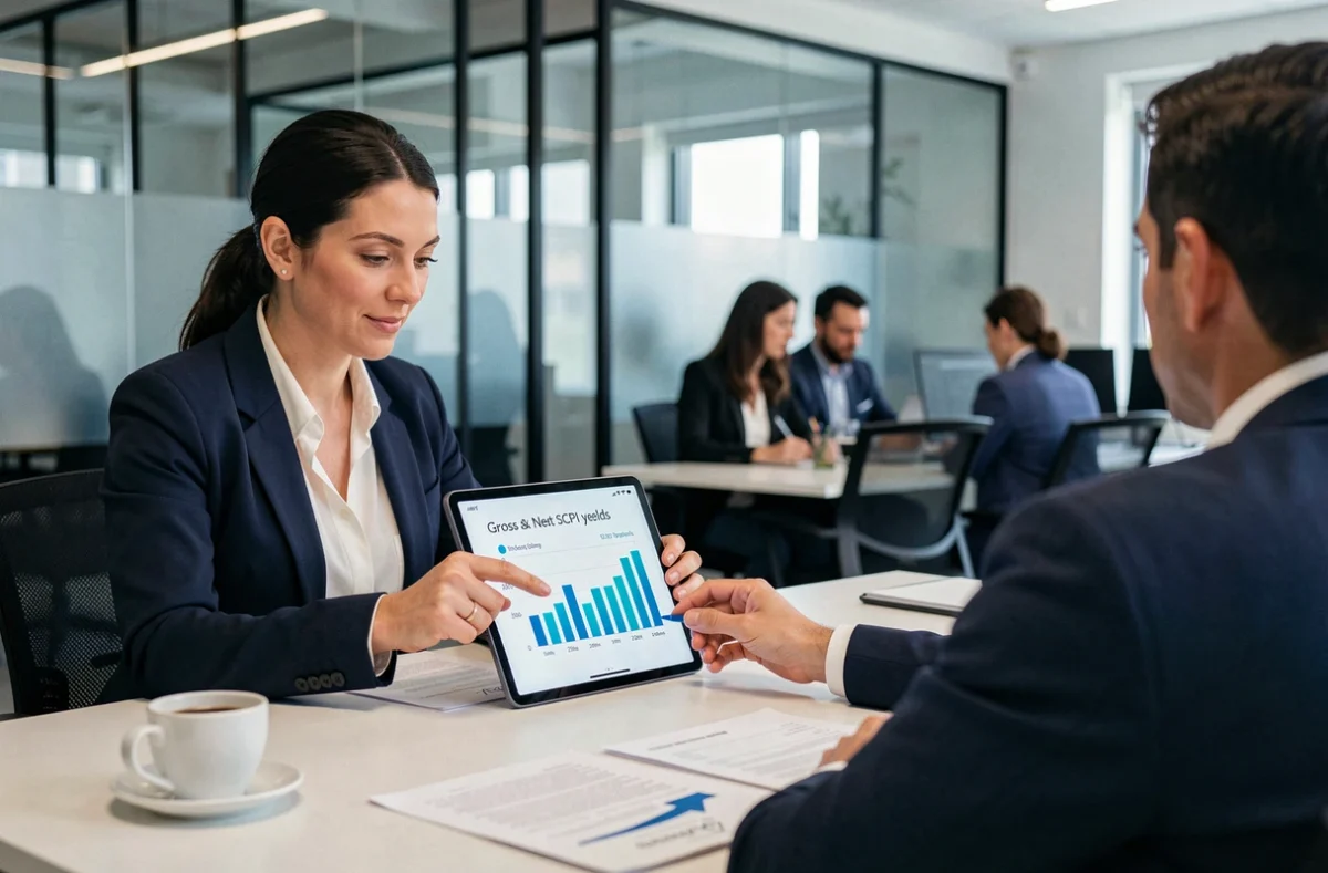 Conseillère en investissement présentant une comparaison de rendements de SCPI sur tablette