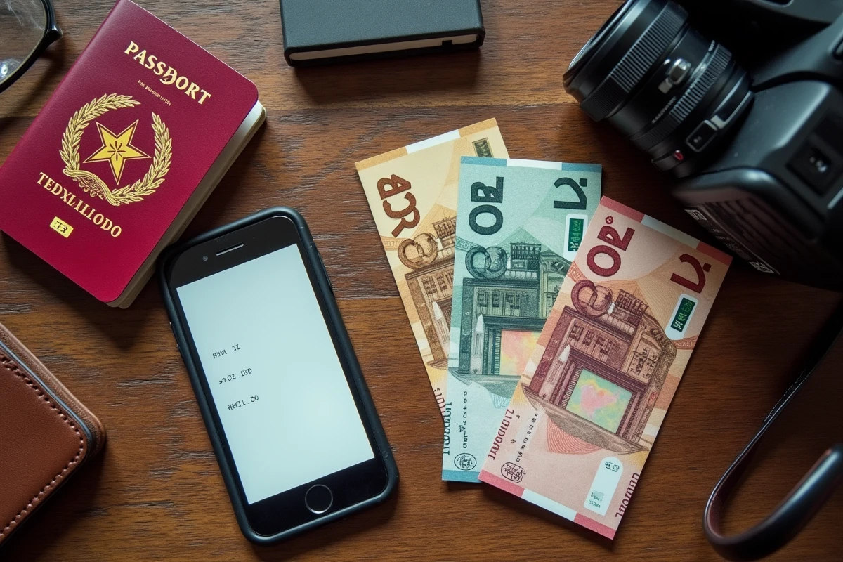 Vue de dessus d'un bureau avec passeport marocain, billets en euros et dirhams, carte bancaire et application de conversion de devises