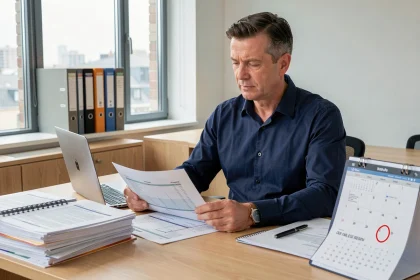 Comptable homme examinant un bilan comptable papier à son bureau en 2026 avec calendrier et ordinateur portable