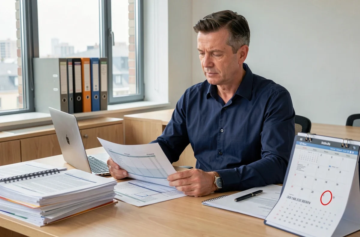 Comptable homme examinant un bilan comptable papier à son bureau en 2026 avec calendrier et ordinateur portable