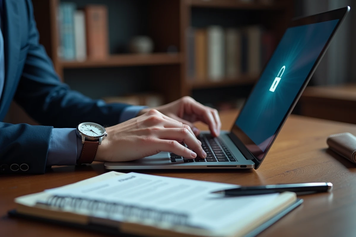 Mains tapant sur un clavier d'ordinateur portable avec page de connexion sécurisée et documents de confidentialité