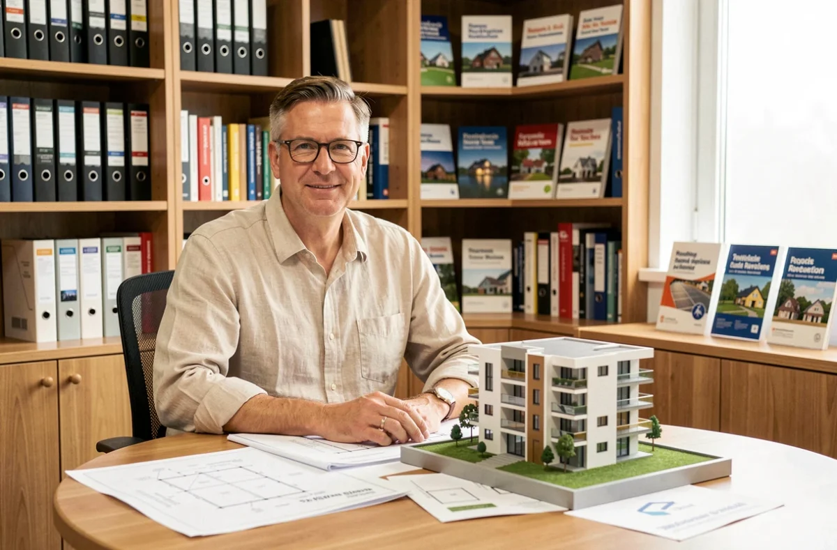 Expert de Conseil Habitat Construction examinant des plans de construction résidentielle lors d'une réunion client