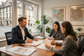 Conseiller en investissement locatif rencontrant un couple dans un bureau moderne du Grand Est