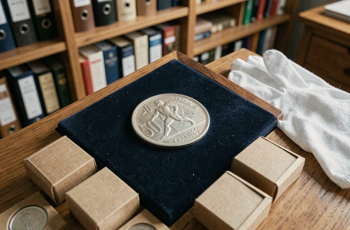 Pièce de 50 Francs 1977 en argent posée sur un plateau velours dans un cabinet de collection numismatique avec gants blancs et étuis de protection